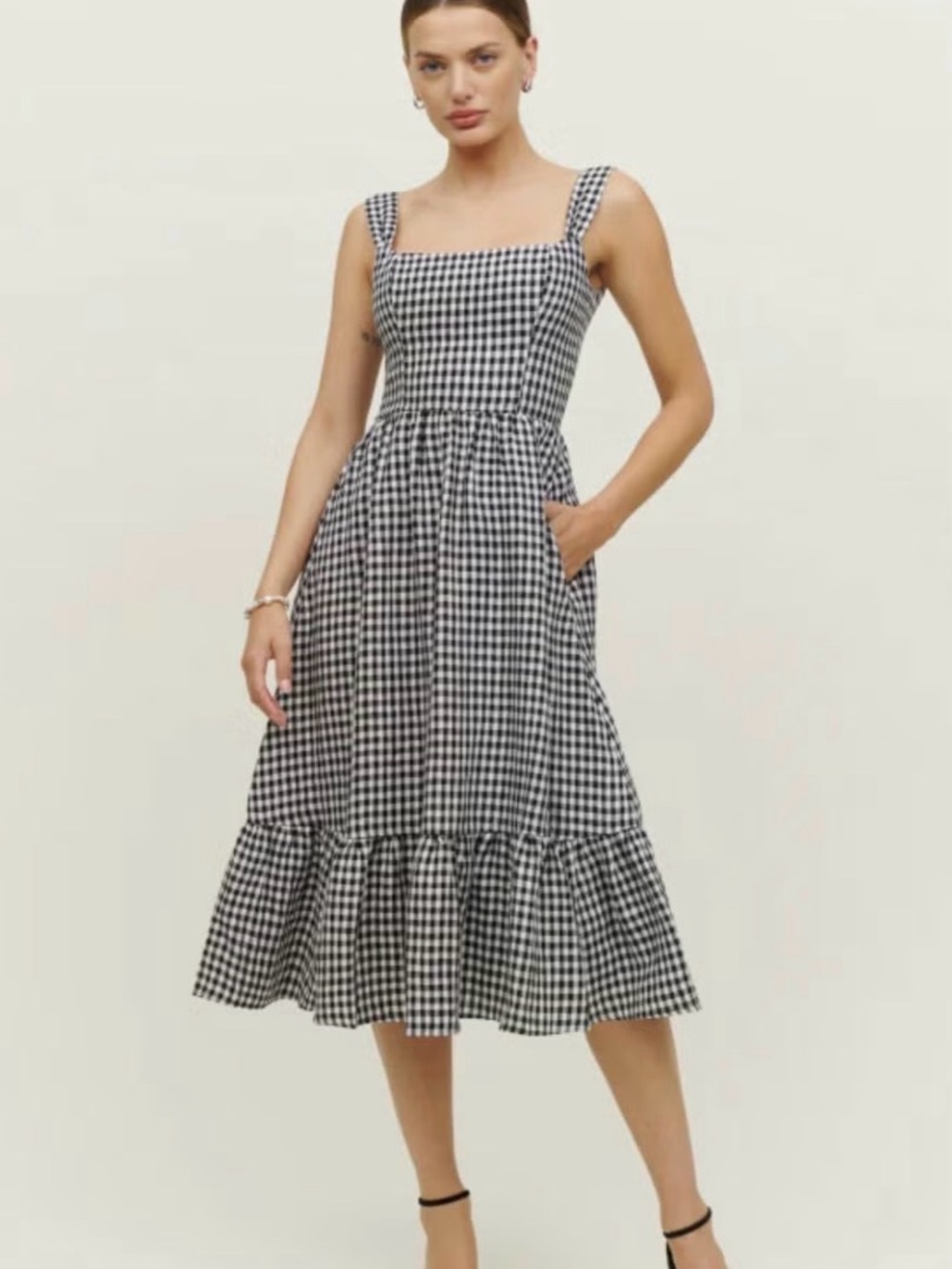 Reformation Gingham Square-Neck Midi Dress in Black and White